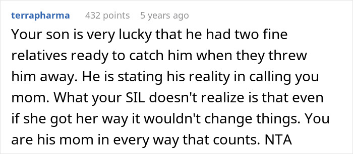 Comment about woman letting nephew call her mom, causing bio mom to demand she stop the practice. Comment about woman letting nephew call her mom, causing bio mom to demand she stop the practice.