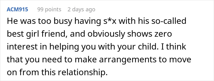 Comment on a forum discussing a woman rethinking her relationship after her boyfriend abandons her and newborn to party for over 18 hours.