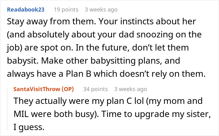 Step-grandma sneaks baby to Santa while watching him, leading to losing babysitting privileges permanently. Step-grandma sneaks baby to Santa while watching him, leading to losing babysitting privileges permanently.