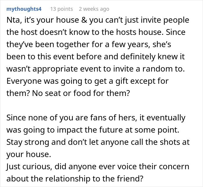 Comment discussing host canceling Christmas after friend’s wife invites random people to the house without permission. Comment discussing host canceling Christmas after friend’s wife invites random people to the house without permission.