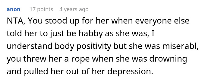 Comment defending niece’s decision on tummy tuck, highlighting support during her mental health struggles in family drama.