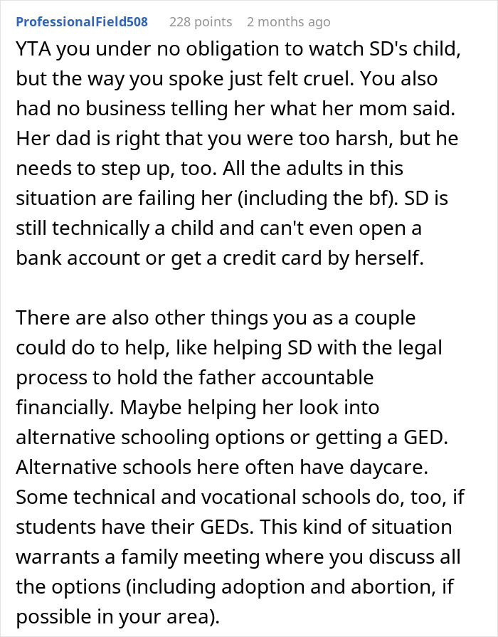 Commenter giving advice on helping a pregnant stepdaughter with legal and educational support after a harsh reality check.