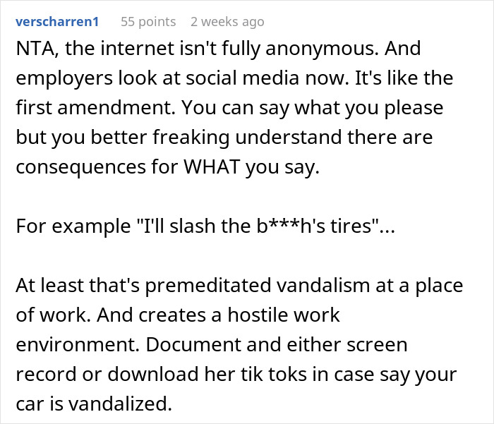 Screenshot of a social media comment discussing consequences of putting a coworker on blast and workplace issues.