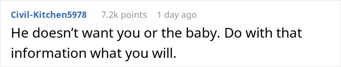 Comment saying he doesn&rsquo;t want the baby or partner, showing a dramatic reaction to pregnancy news at age 28.