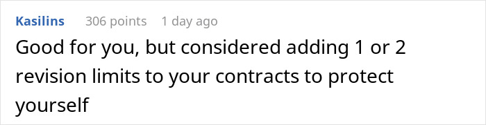 Comment advising to add revision limits to contracts to protect oneself, related to MIL’s plan to make bride look ugly in wedding illustration.