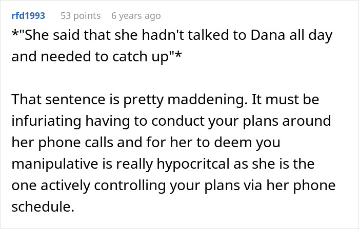 Comment discussing frustration over phone dependence affecting family plans and control in relationships.