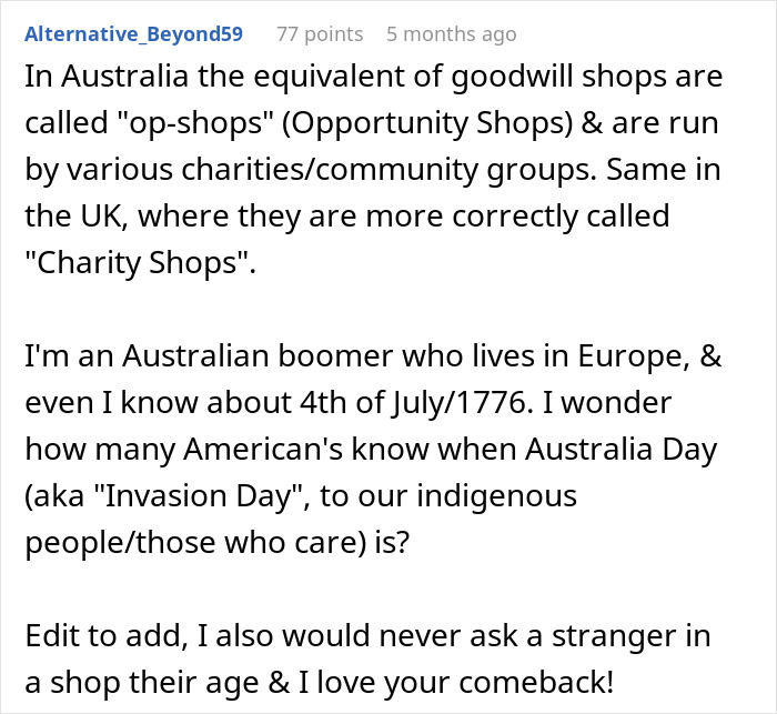 Older man in Goodwill store criticizes younger generations while woman quickly shuts him down during conversation. Older man in Goodwill store criticizes younger generations while woman quickly shuts him down during conversation.