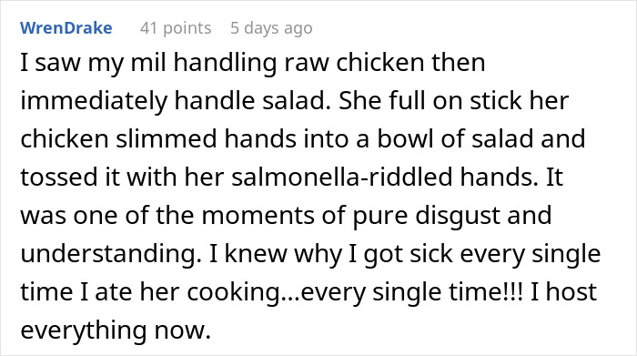 Text post describing a woman’s disgust after seeing her mother-in-law prepare chicken with poor hygiene, leading to loss of appetite. Text post describing a woman’s disgust after seeing her mother-in-law prepare chicken with poor hygiene, leading to loss of appetite.