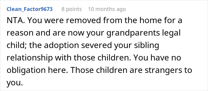 Comment explaining adoption severed sibling ties, highlighting issues with refusing to establish relationship between fathers and kids. Comment explaining adoption severed sibling ties, highlighting issues with refusing to establish relationship between fathers and kids.