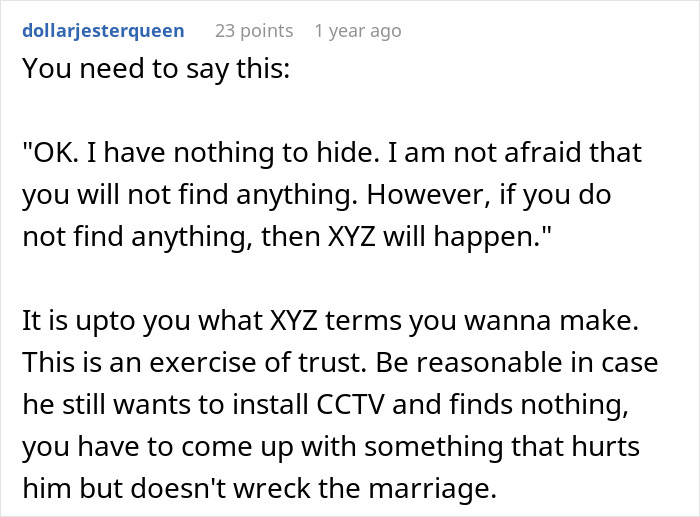 Text conversation about wife’s unexplained scratches and husband’s trust issues wanting to install CCTV at home. Text conversation about wife’s unexplained scratches and husband’s trust issues wanting to install CCTV at home.