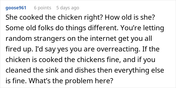 Comment discussing concerns about how mother-in-law prepares chicken and the woman losing appetite due to food safety worries. Comment discussing concerns about how mother-in-law prepares chicken and the woman losing appetite due to food safety worries.