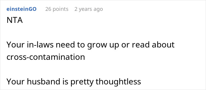 Screenshot of a Reddit comment discussing a husband and family conflict over a woman being picky eater with allergies. Screenshot of a Reddit comment discussing a husband and family conflict over a woman being picky eater with allergies.
