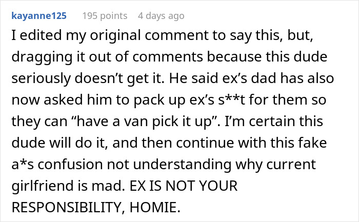 Comment discussing a guy going above and beyond for his ex and confusion about why his current partner is upset.