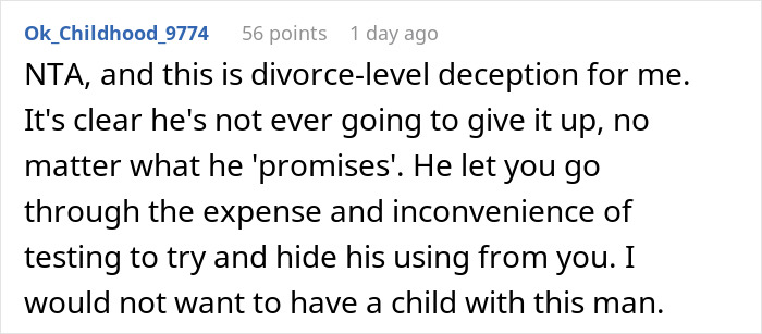 Online comment expressing anger over husband's deception risking future child’s health and trust in relationship.