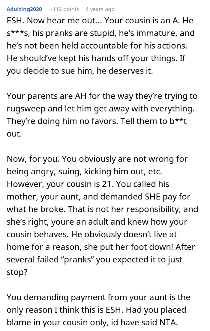 Text comment about man demanding cousin pay for cruel prank and aunt’s firm reaction in family dispute discussion. Text comment about man demanding cousin pay for cruel prank and aunt’s firm reaction in family dispute discussion.