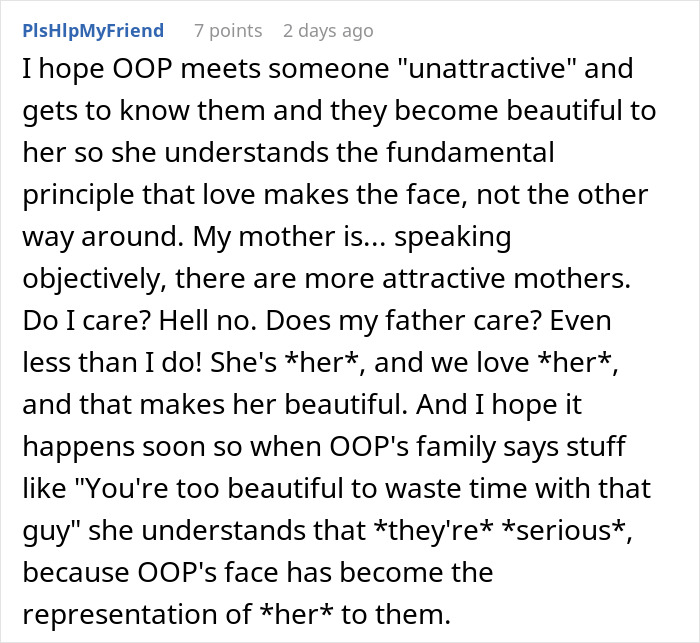 Comment discussing love and beauty, emphasizing how love changes the perception of appearance in relationships. Comment discussing love and beauty, emphasizing how love changes the perception of appearance in relationships.