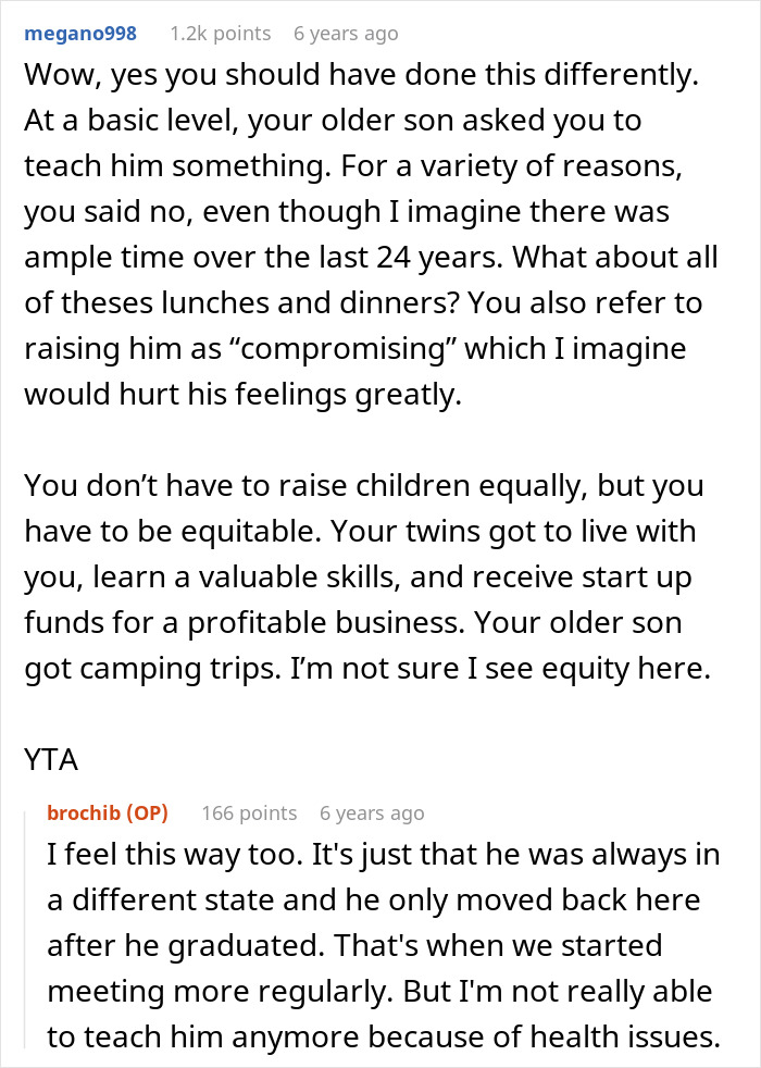 Man upset as dad didn’t pass on craft skills, while half-brothers start successful business using those skills.