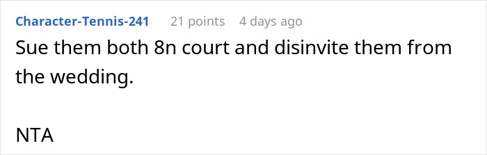 Screenshot of a forum comment discussing a man cutting off parents after their revenge related to his small wedding plans.