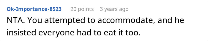Screenshot of an online comment discussing a picky eater demanding his brother’s in-laws change the entire Christmas menu. Screenshot of an online comment discussing a picky eater demanding his brother’s in-laws change the entire Christmas menu.