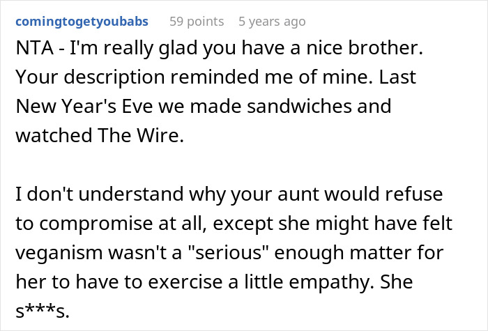 Comment discussing lack of vegan options for Christmas Eve dinner and the need for empathy in family gatherings. Comment discussing lack of vegan options for Christmas Eve dinner and the need for empathy in family gatherings.