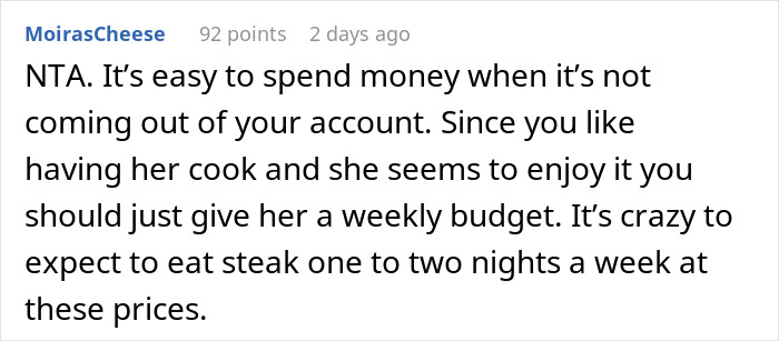 Comment discussing budgeting for meals cooked by son's girlfriend, related to mom accused of embarrassing son’s girlfriend. Comment discussing budgeting for meals cooked by son's girlfriend, related to mom accused of embarrassing son’s girlfriend.
