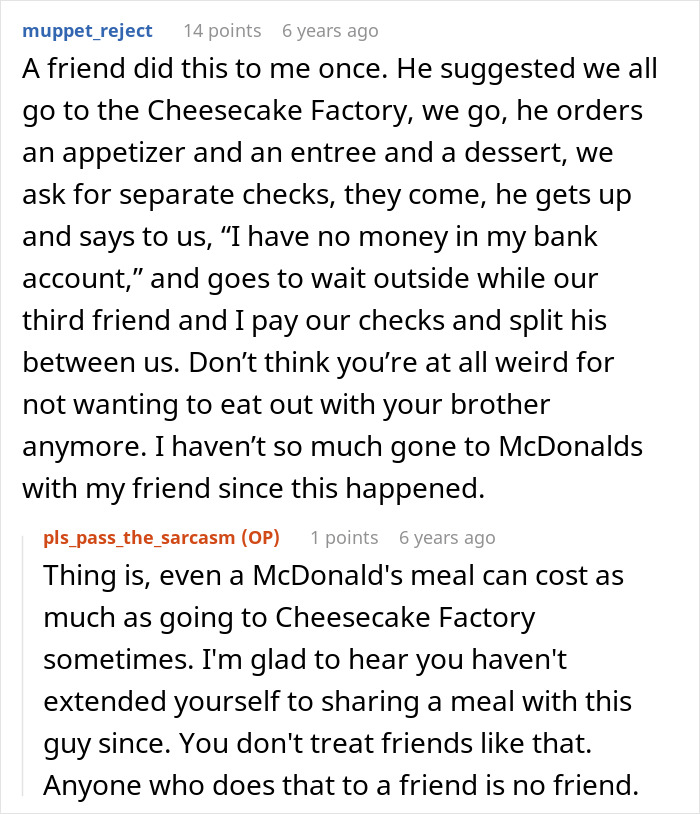 Reddit comments sharing stories about a brother making the bill pay for dinner and friends splitting checks.