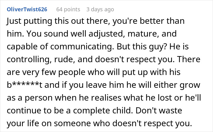 Reddit comment criticizing controlling man shaming girlfriend for loving fiction and lowering her IQ in a toxic relationship.