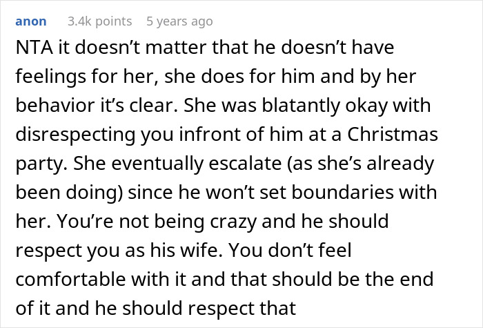 Comment discussing a woman refusing to be a third wheel in her marriage and demanding her husband choose between her and work-wife.