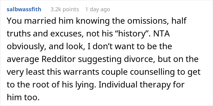 Screenshot of a Reddit comment discussing the impact of lying on future child’s health and relationship counseling advice.