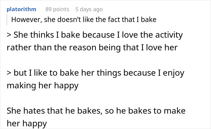 Text conversation discussing a woman ending a relationship due to boyfriend's passion for baking and pastries. Text conversation discussing a woman ending a relationship due to boyfriend's passion for baking and pastries.
