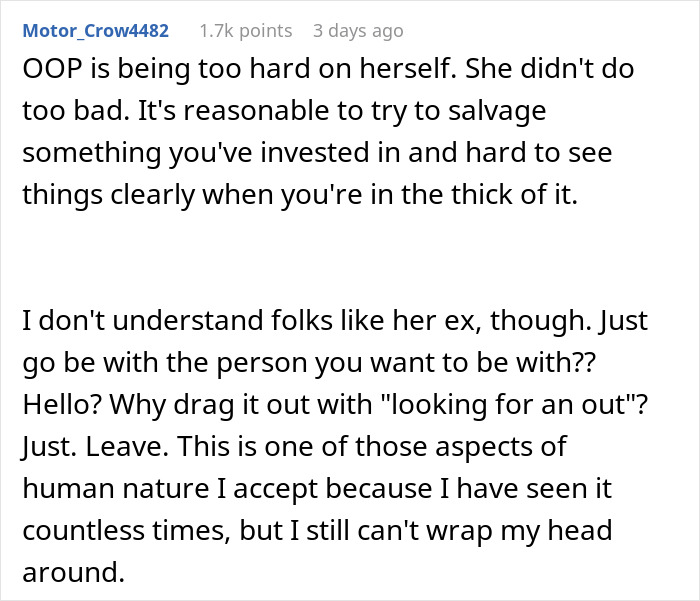 Screenshot of a Reddit comment discussing a woman dumping her boyfriend for cheating with astrology-obsessed friend.