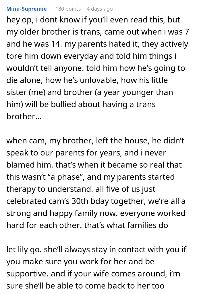 Alt text: Family struggles with transphobic wife after son comes out, husband feels family is falling apart over acceptance issues.