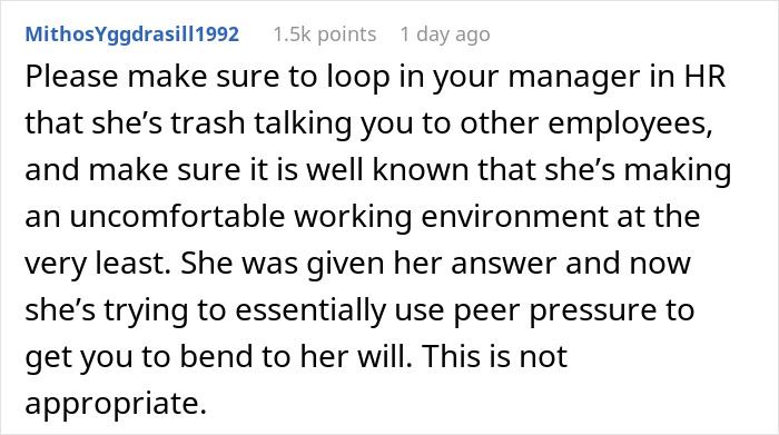 Comment discussing workplace conflict where a woman feels entitled to a day off on Christmas because of her kids.