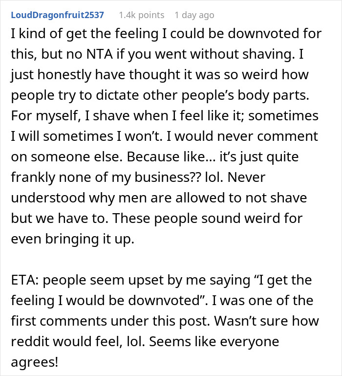 Reddit comment discussing discomfort caused by guests over a woman’s hairy armpits at a wedding. Reddit comment discussing discomfort caused by guests over a woman’s hairy armpits at a wedding.