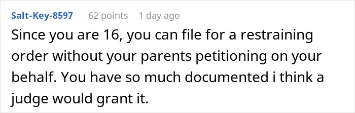 Text comment on a screen discussing filing a restraining order with documented evidence for protection between sisters.