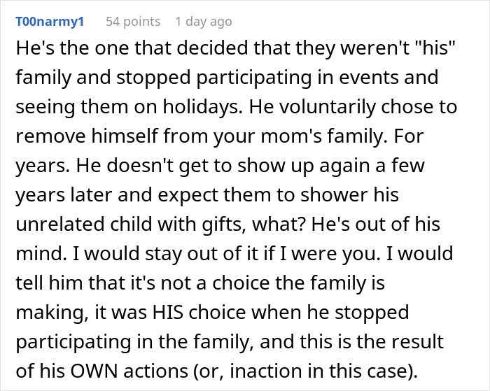 Reddit comment discussing dad cutting off late wife’s family and demanding acceptance of his new baby years later. Reddit comment discussing dad cutting off late wife’s family and demanding acceptance of his new baby years later.