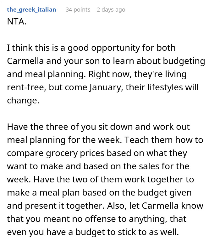 Comment discussing mom accused of embarrassing son’s girlfriend who offered to cook meals, focusing on budgeting advice. Comment discussing mom accused of embarrassing son’s girlfriend who offered to cook meals, focusing on budgeting advice.