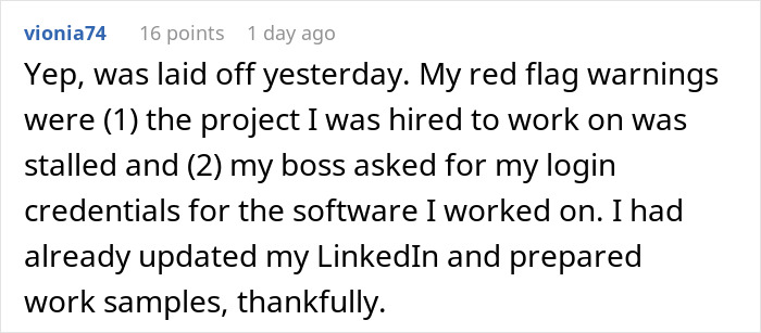 User comment sharing red flags indicating job insecurity, highlighting subtle signs of an unsafe job situation.