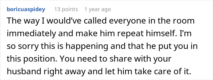 Screenshot of a Reddit comment expressing sympathy and advice after a woman’s shock over FIL’s unexpected love confession. Screenshot of a Reddit comment expressing sympathy and advice after a woman’s shock over FIL’s unexpected love confession.
