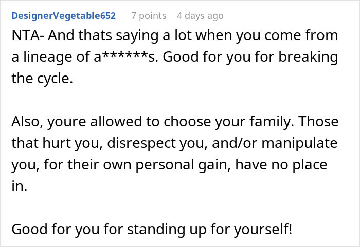 Comment defending man who cuts off parents after their revenge for his small wedding plans, praising his self-empowerment.