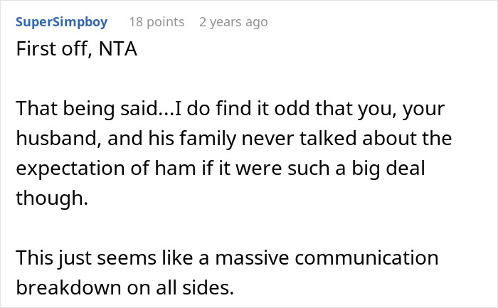 Screenshot of a comment discussing family reaction and communication breakdown over vegetarian host not preparing ham for Christmas. Screenshot of a comment discussing family reaction and communication breakdown over vegetarian host not preparing ham for Christmas.