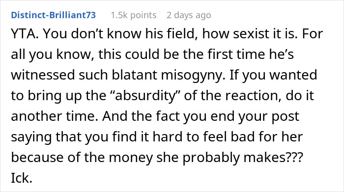 Screenshot of a Reddit comment discussing a boyfriend in tears over misogyny faced by a female colleague and a jealous girlfriend's discomfort. Screenshot of a Reddit comment discussing a boyfriend in tears over misogyny faced by a female colleague and a jealous girlfriend's discomfort.