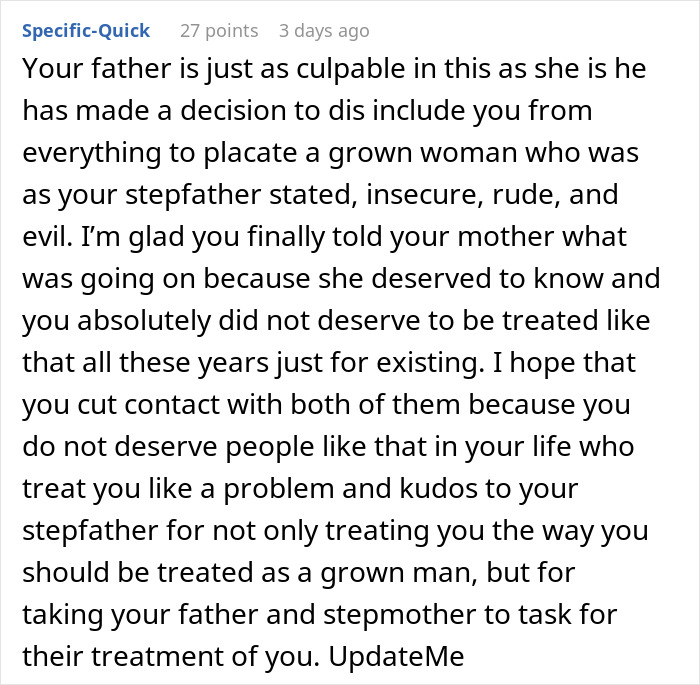 Comment discussing a teen confronting insecurity and true colors of a stepmother in a family conflict. Comment discussing a teen confronting insecurity and true colors of a stepmother in a family conflict.