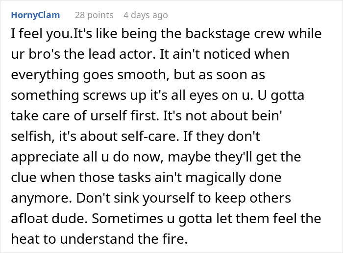 Alt text: Woman doesn’t see how much her daughter is doing for her, blinded by flowers from son in family dynamic discussion. Alt text: Woman doesn’t see how much her daughter is doing for her, blinded by flowers from son in family dynamic discussion.