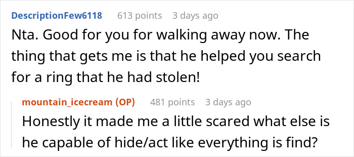 Two users discuss a breaking up ultimatum over ring, expressing concerns about trust and stolen jewelry. Two users discuss a breaking up ultimatum over ring, expressing concerns about trust and stolen jewelry.