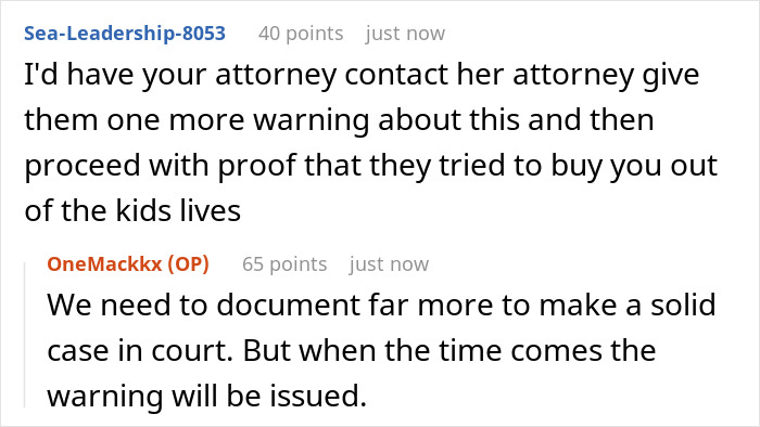 Comments discussing legal advice on kids custody relationship issues with a mention of documenting and issuing a warning. Comments discussing legal advice on kids custody relationship issues with a mention of documenting and issuing a warning.