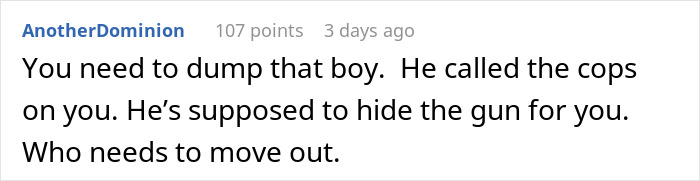 Comment advising a woman to leave her boyfriend after he called the police over her novel’s contents.