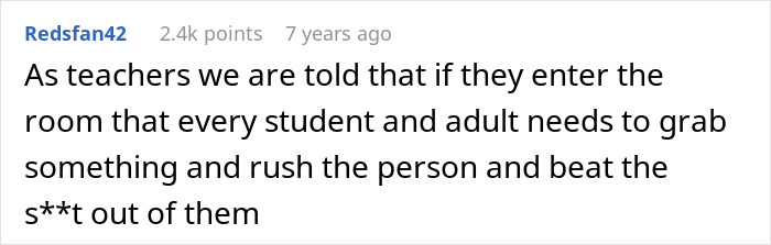 Screenshot of a forum comment discussing mass shooting survival tips for teachers on how to respond quickly and protect themselves.
