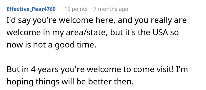 Screenshot of a forum comment discussing travel welcome in the USA, reflecting views of a secretly gay teen on homophobic parents. Screenshot of a forum comment discussing travel welcome in the USA, reflecting views of a secretly gay teen on homophobic parents.