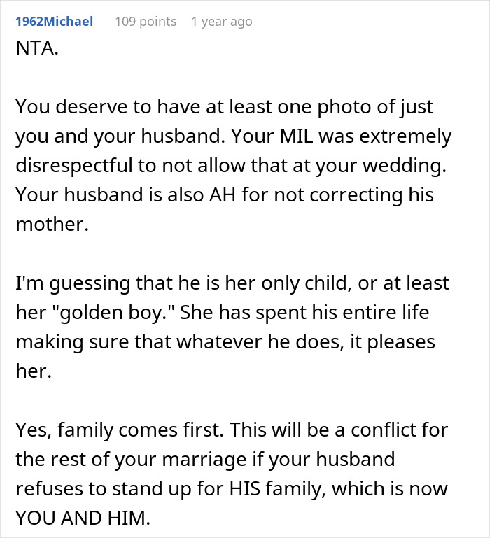 Comment on MIL deciding on a white dress for son's wedding and bride's reaction to photo exclusion. Comment on MIL deciding on a white dress for son's wedding and bride's reaction to photo exclusion.